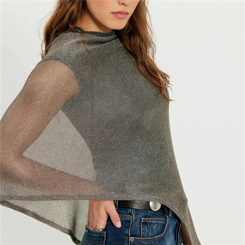 womens poncho in sheer gray mesh, stylish layering piece
