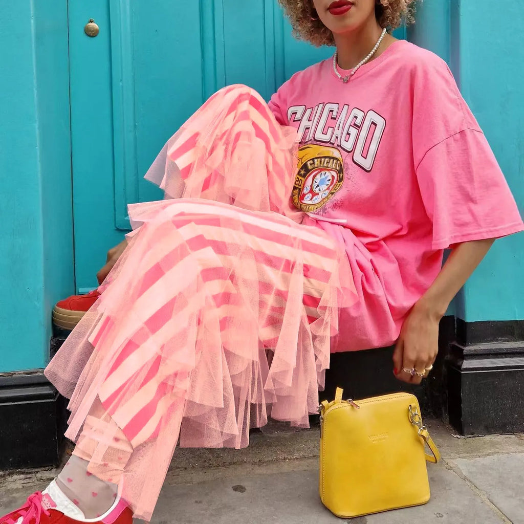 Women's pink layered pants, tulle material, stylish y2k fashion outfit