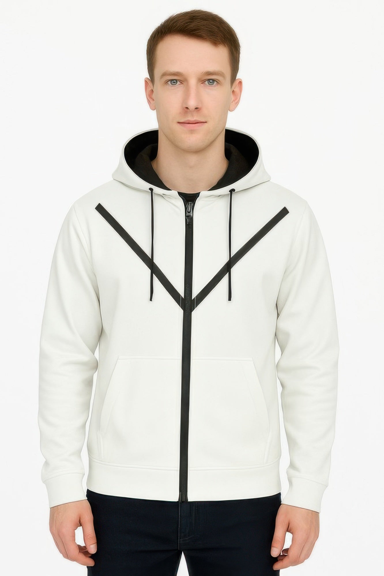 Men's white zip-up hoodie with contrasting black details for casual wear