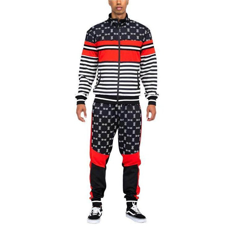 Men's 2PC Track Set by VacationGrabs featuring an activewear jacket and pants in black and red stripes