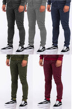 Four colors of speckled jogger pants for men, featuring a comfortable fit and stylish design