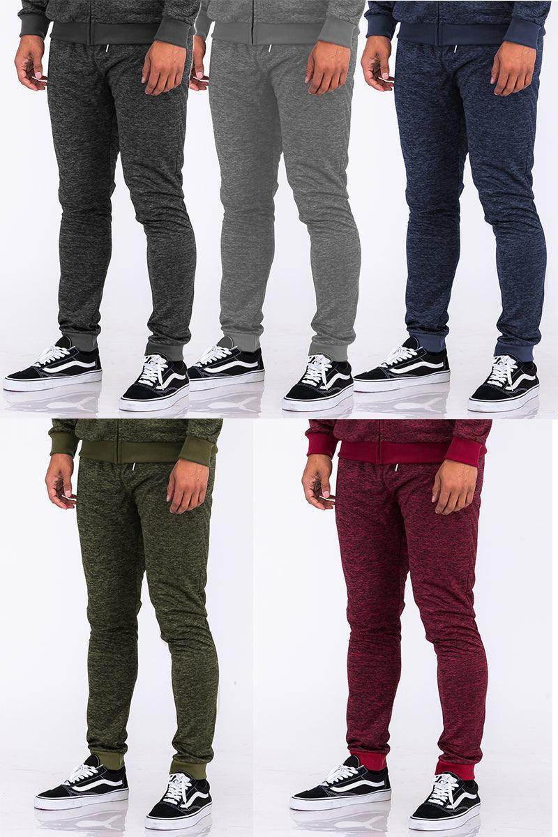 Four colors of speckled jogger pants for men, featuring a comfortable fit and stylish design